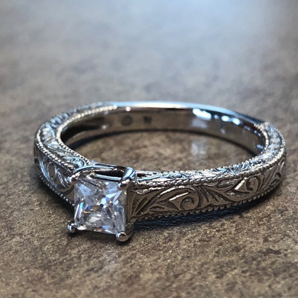 14K White Gold Vintage Inspired Princess Cut Engagement Ring